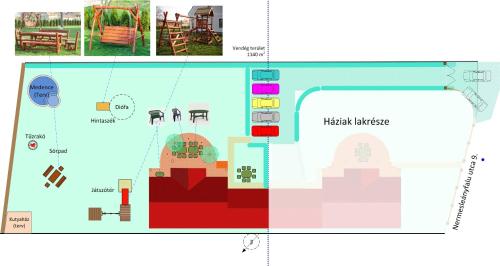 a plan of a play area with a playground at Hétkanyar Vendégház in Nagyvázsony