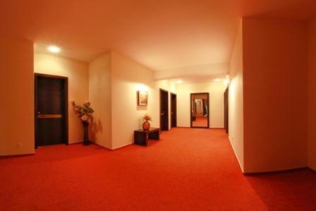 an empty hallway with a red carpet in a building at Hotel Sydney in Craiova