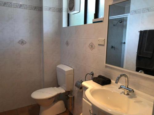 a bathroom with a toilet and a sink and a mirror at Goulburn Motor Inn in Goulburn