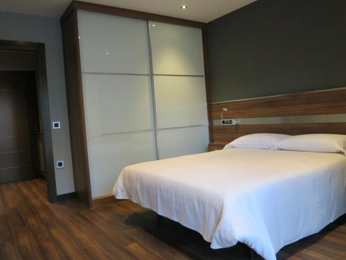 a bedroom with a white bed and a large closet at Apartamentos Clarín in Oviedo