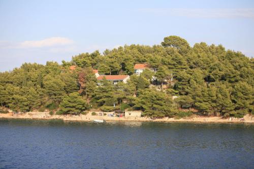 a house on top of a hill next to the water at Hotel Sali in Sali