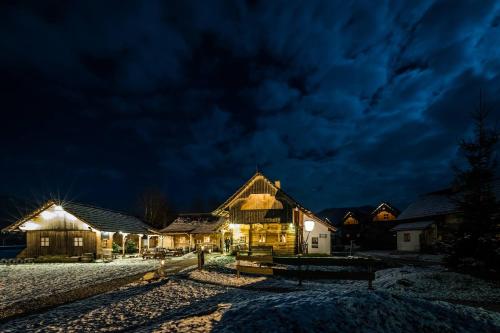 a night view of a log cabin with lights at Im Dörfl Anno 1873 in Irdning
