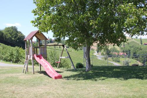 einen Spielplatz mit Rutsche und Baum in der Unterkunft Zweytick Gästezimmer Weingut in Ratsch an der Weinstraße