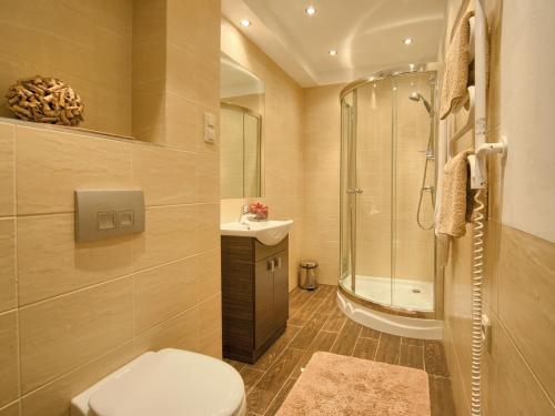 ザコパネにあるVisitZakopane - Janosik Apartmentのバスルーム(シャワー、トイレ、シンク付)