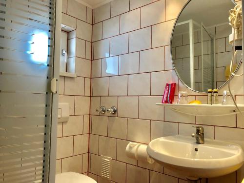 a bathroom with a sink and a mirror at Hotel Mariahilf München in Munich