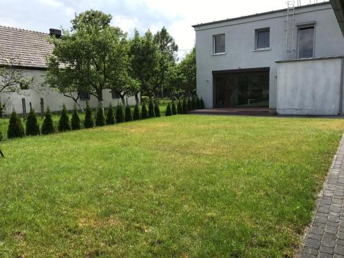 a large yard in front of a white house at Amelia in Schodnia Stara