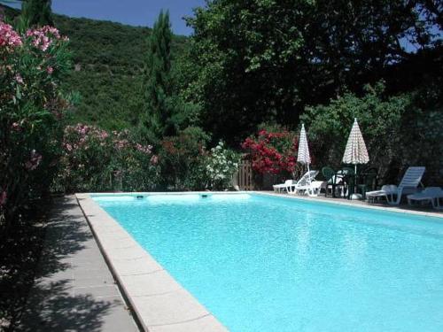 a swimming pool with chairs and umbrellas in a yard at Chambres d'hôtes Domaine de Pélissols in Bédarieux
