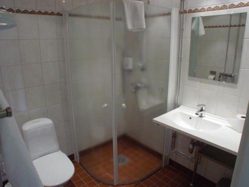 a bathroom with a shower and a toilet and a sink at Hotel Anna in Helsinki