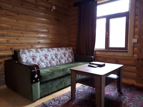 a living room with a green couch and a table at Fairy Tale in Gabala