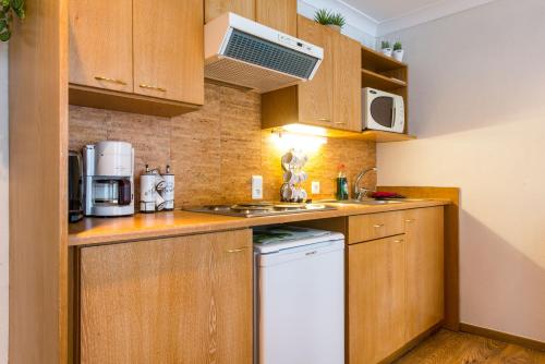 a small kitchen with wooden cabinets and a dishwasher at Inn Bruges in Bruges