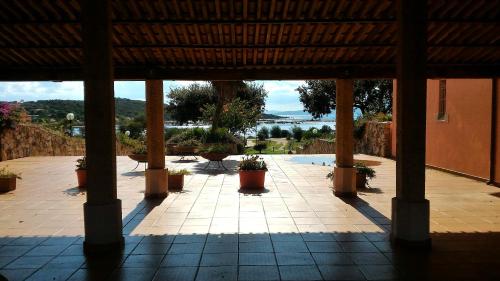 a view of a patio with potted plants in a building at Residenze Coda Cavallo in San Teodoro
