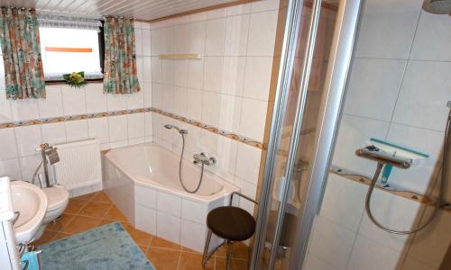łazienka z wanną, toaletą i prysznicem w obiekcie Ferienwohnung Haus Franziska w mieście Neuschönau
