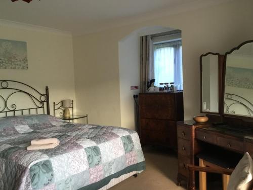 Schlafzimmer mit einem Bett, einer Kommode und einem Spiegel in der Unterkunft Lower Thornton Farm in Exeter