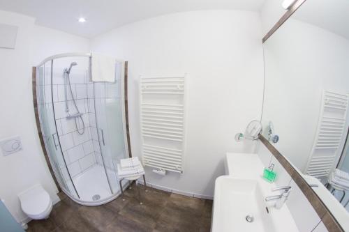 W łazience znajduje się prysznic, umywalka i lustro. w obiekcie Hotel Gasthof zur Post w mieście Obernberg am Inn