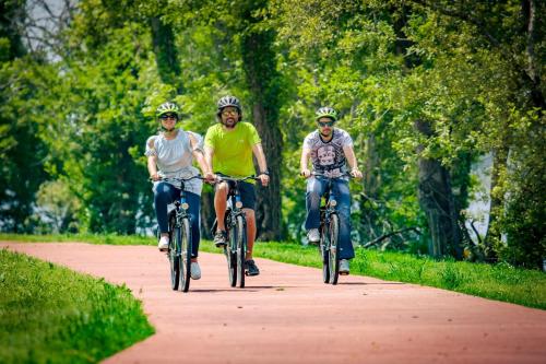 three people riding bikes down a path in a park at Casa da Vila Cerveira in Vila Nova de Cerveira