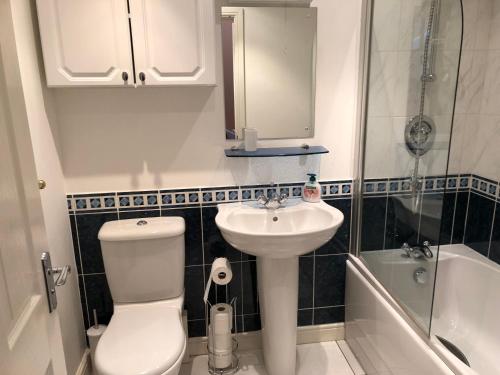 a bathroom with a toilet and a sink and a shower at Jubilee House in Oakham
