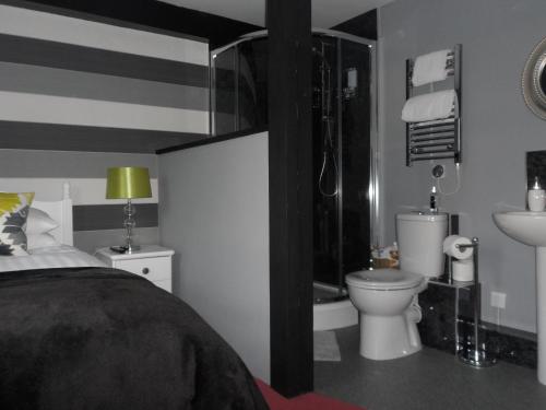 a bedroom with a bed and a toilet and a sink at Midtown Farm Bed & Breakfast in Easton
