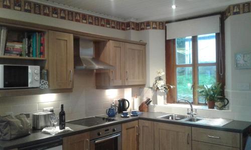 a kitchen with wooden cabinets and a sink and a window at Coastguard Cottage in Newcastle