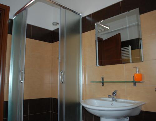 ein Bad mit einem Waschbecken und einer Dusche mit einem Spiegel in der Unterkunft B & B IL TRATTURO in San Pietro Avellana