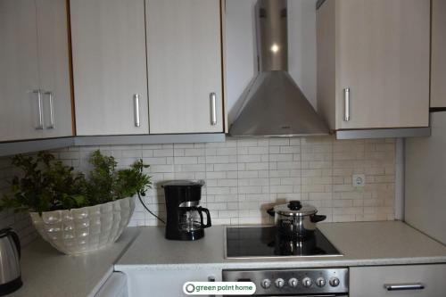 a kitchen with white cabinets and a stove top oven at Green Point Home Chios in Vrontados