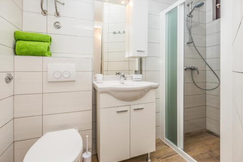 a bathroom with a toilet and a sink and a shower at Apartments Urban Porec in Poreč