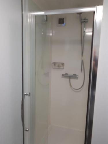 a shower with a glass door in a bathroom at Nyhavn Lakeside Cottage in Cirencester