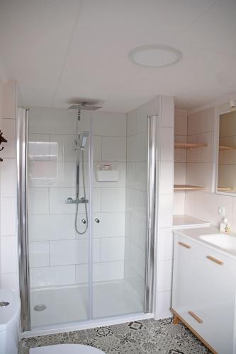a white bathroom with a shower and a sink at Maison Cyriax in Harzgerode