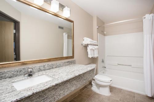 a bathroom with a sink and a toilet and a mirror at AmericInn by Wyndham Sioux City in Sioux City