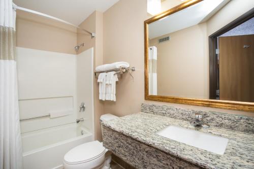a bathroom with a sink and a toilet and a mirror at AmericInn by Wyndham Sioux City in Sioux City