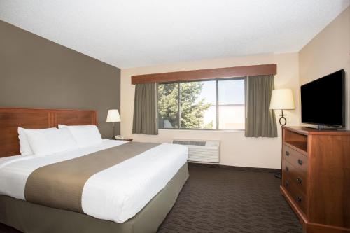 a hotel room with a large bed and a television at AmericInn by Wyndham Sioux City in Sioux City
