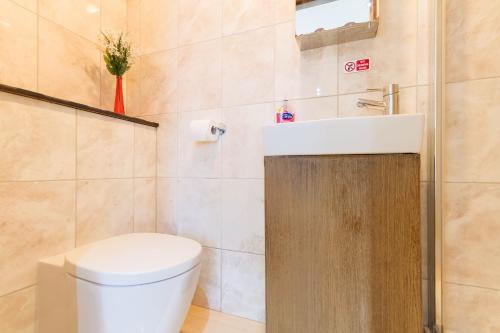 a bathroom with a toilet and a sink at Brick Lane Hotel in London