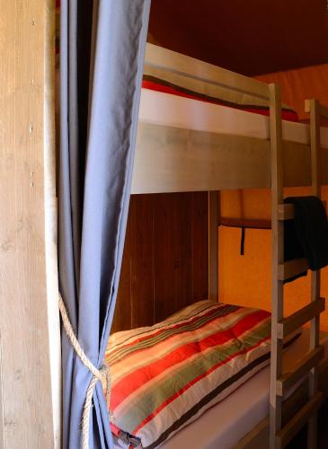 łóżko piętrowe z niebieską zasłoną obok drabiny w obiekcie Safaritent w mieście Oostvoorne
