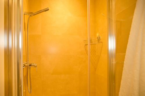 a shower with a glass door in a bathroom at Elements Rooms in Toledo