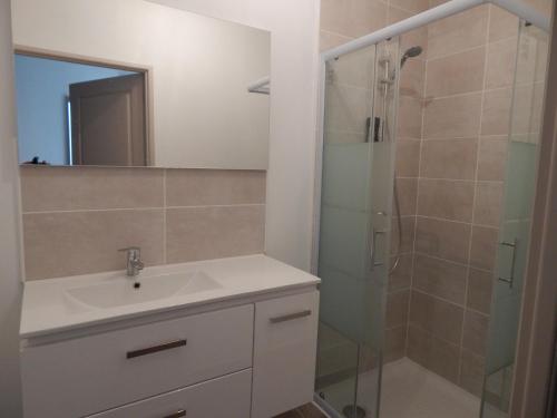 a bathroom with a sink and a shower at la maison de bonneval in Jaujac
