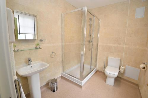 a bathroom with a shower and a toilet and a sink at The Royal Victoria and Bull Hotel in Dartford