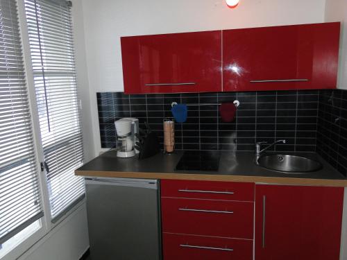 a kitchen with red cabinets and a sink at Apartment Notre Dame in Paris