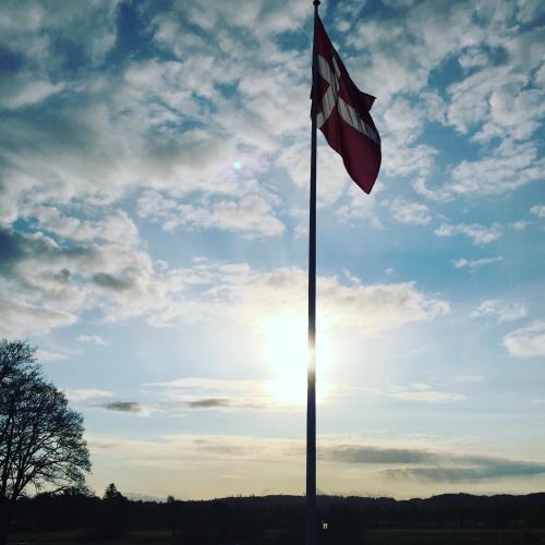 a flag on a pole with the sun in the sky at Svostrup Kro in Silkeborg