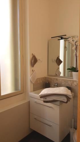 une salle de bain avec un lavabo et un miroir dans l'établissement By Gwen - le Jaurès, à Arles