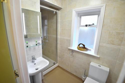 a bathroom with a sink and a toilet and a window at The Green Dragon in Wellington