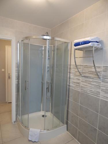 a shower with a glass door in a bathroom at Le Lion D'or in Ouroux en Morvan