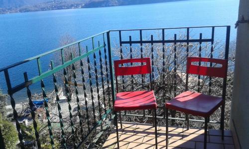 2 sedie rosse sedute su un balcone affacciato su un corpo d'acqua di Il Nido sul Lago a Stresa