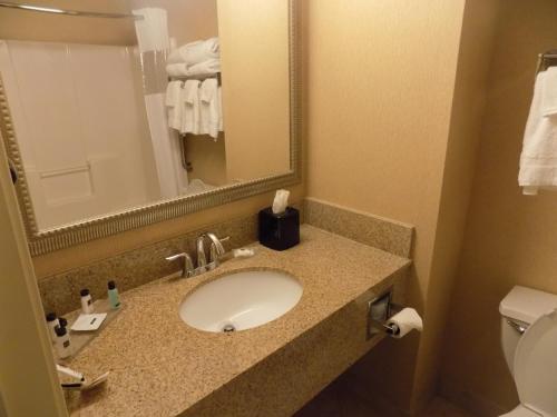 a bathroom with a sink and a toilet and a mirror at Country Inn & Suites by Radisson, Evansville, IN in Evansville