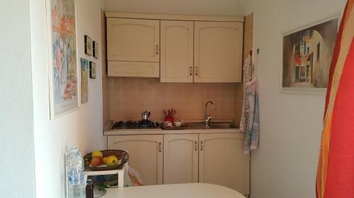 a small kitchen with white cabinets and a sink at Residenze Coda Cavallo in San Teodoro