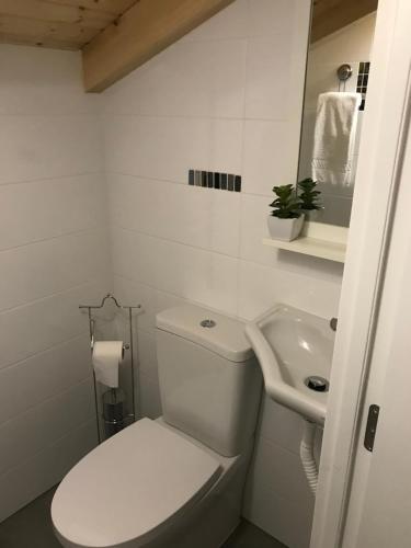 a white bathroom with a toilet and a sink at Cantinho das Flores II in Nazaré