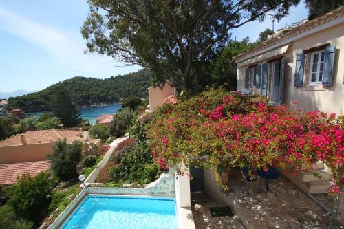 a house with a swimming pool and flowers at Blue Note House in Asos