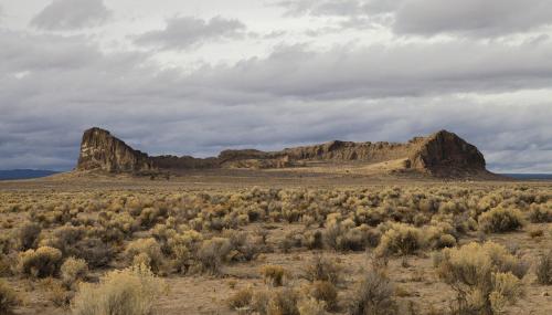 a desert field with large rocks and bushes at DiamondStone Guest Lodges in La Pine
