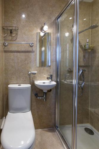a bathroom with a toilet and a shower and a sink at Jasmine Cottage, Kelsale, sleeps 5 - Aldeburgh Coastal Cottages in Kelsale