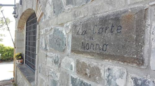 una pared de piedra con un cartel que no lee café noramed en La Corte di Nonno en Frascati