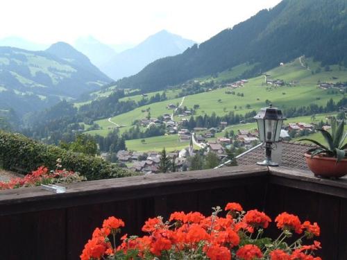 a view of a valley from a balcony with flowers at Bergwald Appartements Alpbach in Alpbach