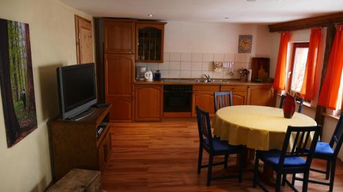 a kitchen with a table with chairs and a television at Hainich-Zeit in Eigenrieden
